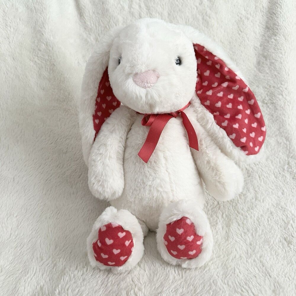 Worlds Softest Plush White Bunny Rabbit Red Heart Pattern Ears Feet 14” Stuffed